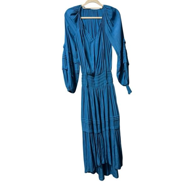 Ramy Brook Long Sleeve Satin Blue V Neck Midi Dress - Picture 3 of 8